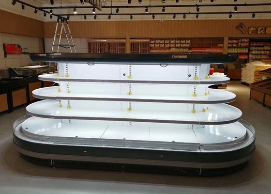 O automóvel oval da ilha degela refrigerar aberto do fã do refrigerador da exposição