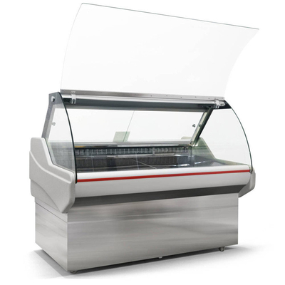 Armário de exposição refrigerado comercial de alta qualidade com elevador-acima/Front Curved Glass Doors do deslizamento para o bacon fumado